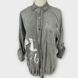 Made in Italy Girl Power Graphic Button Down Shirt Grey Shabby Chic Tunic M